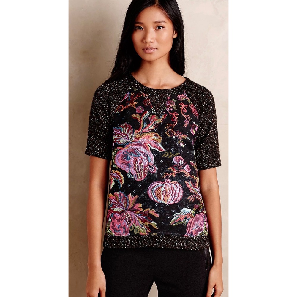 James Coviello Brocade-Spliced Tee Floral Tapestry Knit Sweater Size‎ Medium